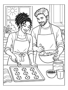 A happy girlfriend coloring page showing a couple baking chocolate chip cookies together in a kitchen.