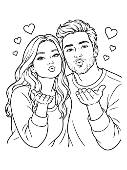A sweet girlfriend coloring page showing a young couple blowing kisses with floating hearts.