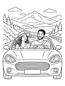 A smiling couple rides along a scenic mountain road on this girlfriend coloring page.