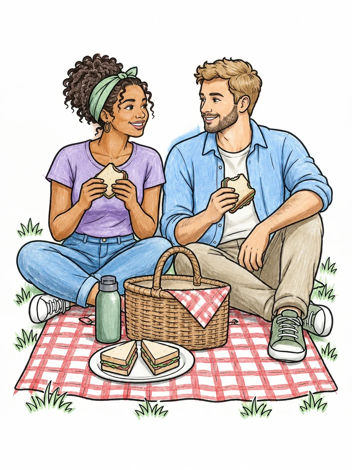 Colored example of the Couple Enjoying A Sunny Picnic coloring page