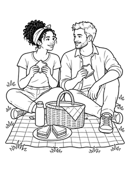 A couple eating sandwiches on a blanket in this girlfriend coloring page.