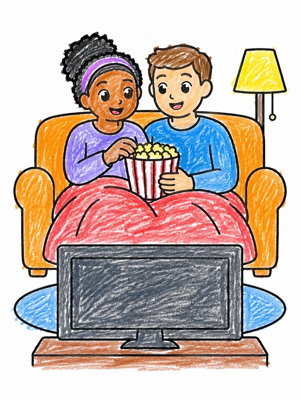Colored example of the Cozy Movie Night With Popcorn coloring page