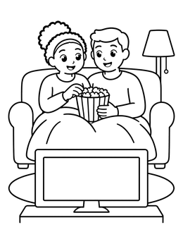 Free printable Cozy Movie Night With Popcorn coloring page