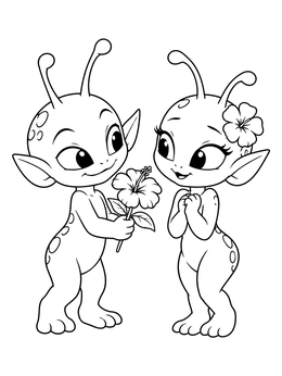 A friendly alien hands a tropical flower to his partner in this girlfriend coloring page.
