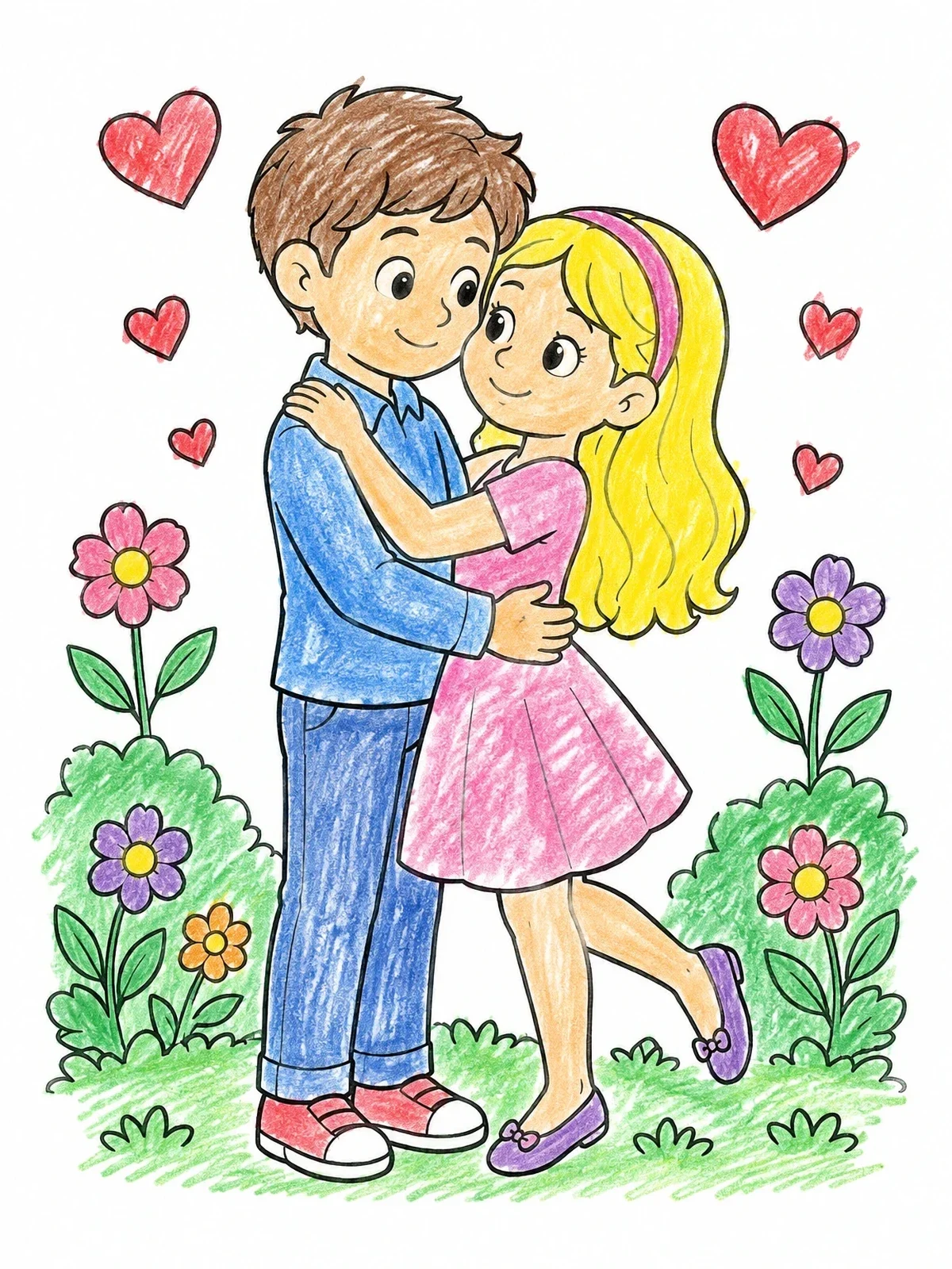 Colored example of the Cute Couple Hugging Among Flowers coloring page