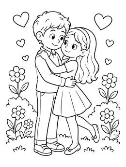 Free printable Cute Couple Hugging Among Flowers coloring page