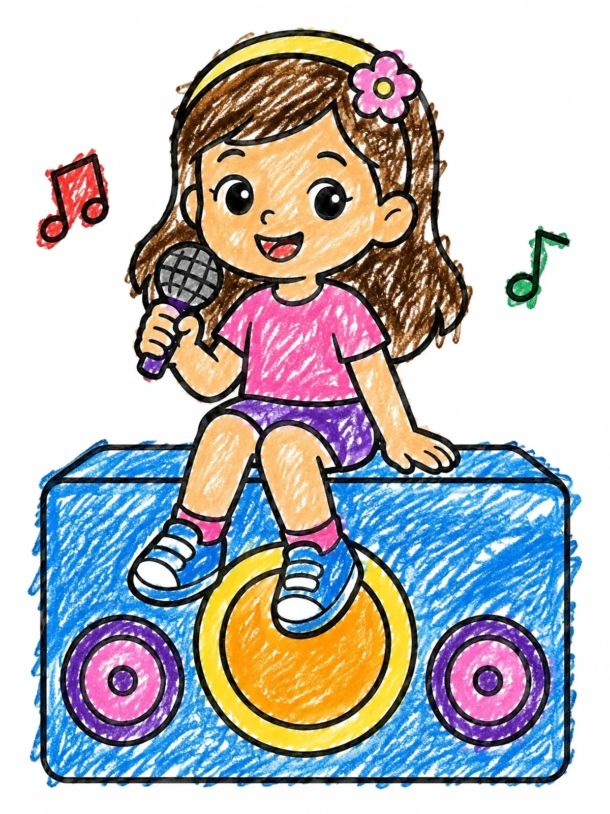 Colored example of the Cute Girl Singing On A Speaker coloring page