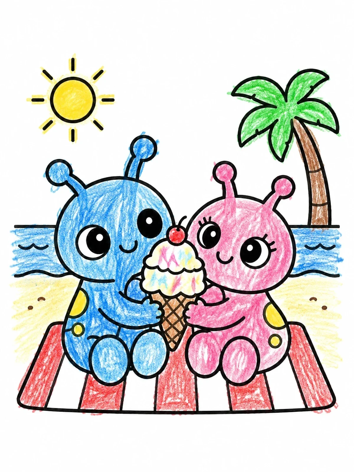 Colored example of the Cute Space Creatures Beach Date coloring page