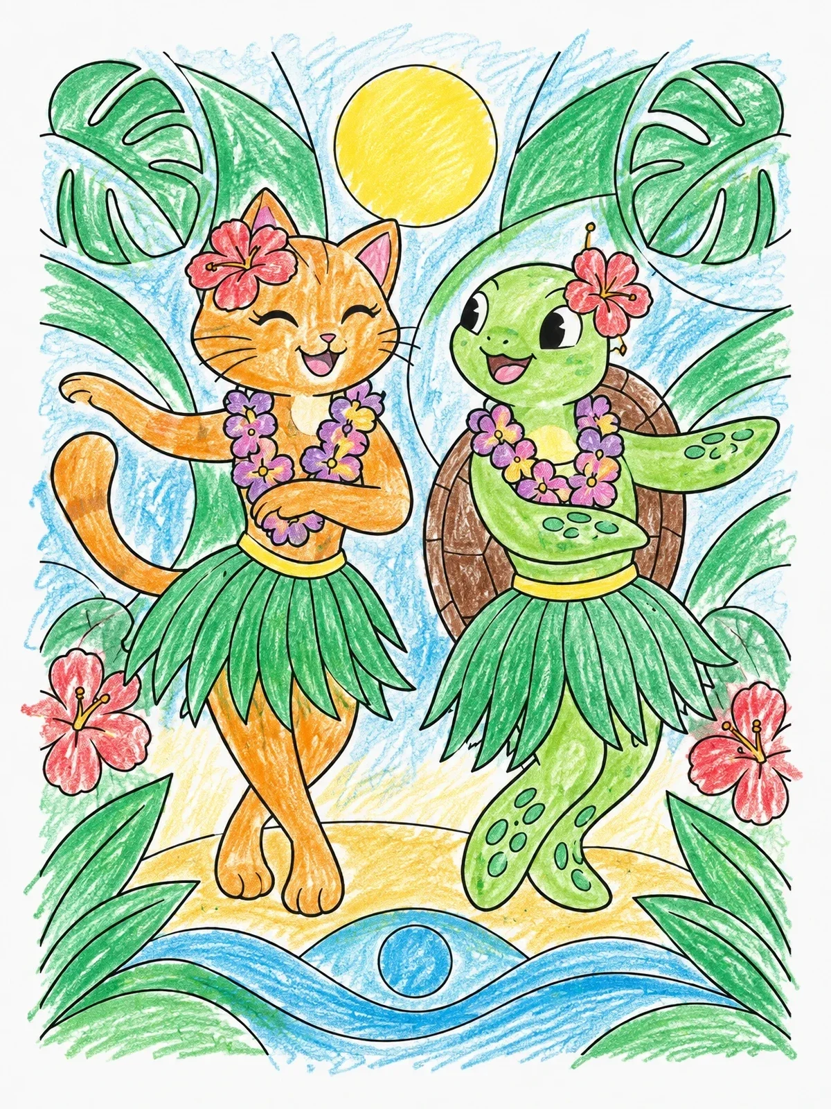 Colored example of the Dancing Friends In Tropical Paradise coloring page