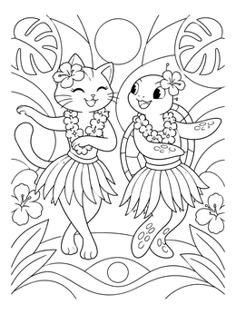 A cheerful girlfriend coloring page featuring a cat and turtle dancing together in leis.