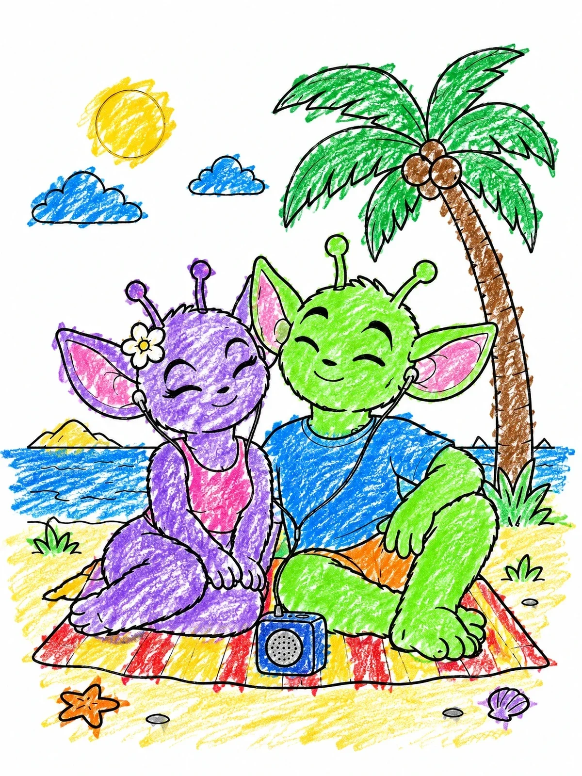 Colored example of the Fluffy Alien Couple At The Beach coloring page