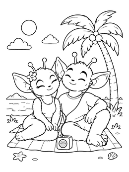 Free printable Fluffy Alien Couple At The Beach coloring page