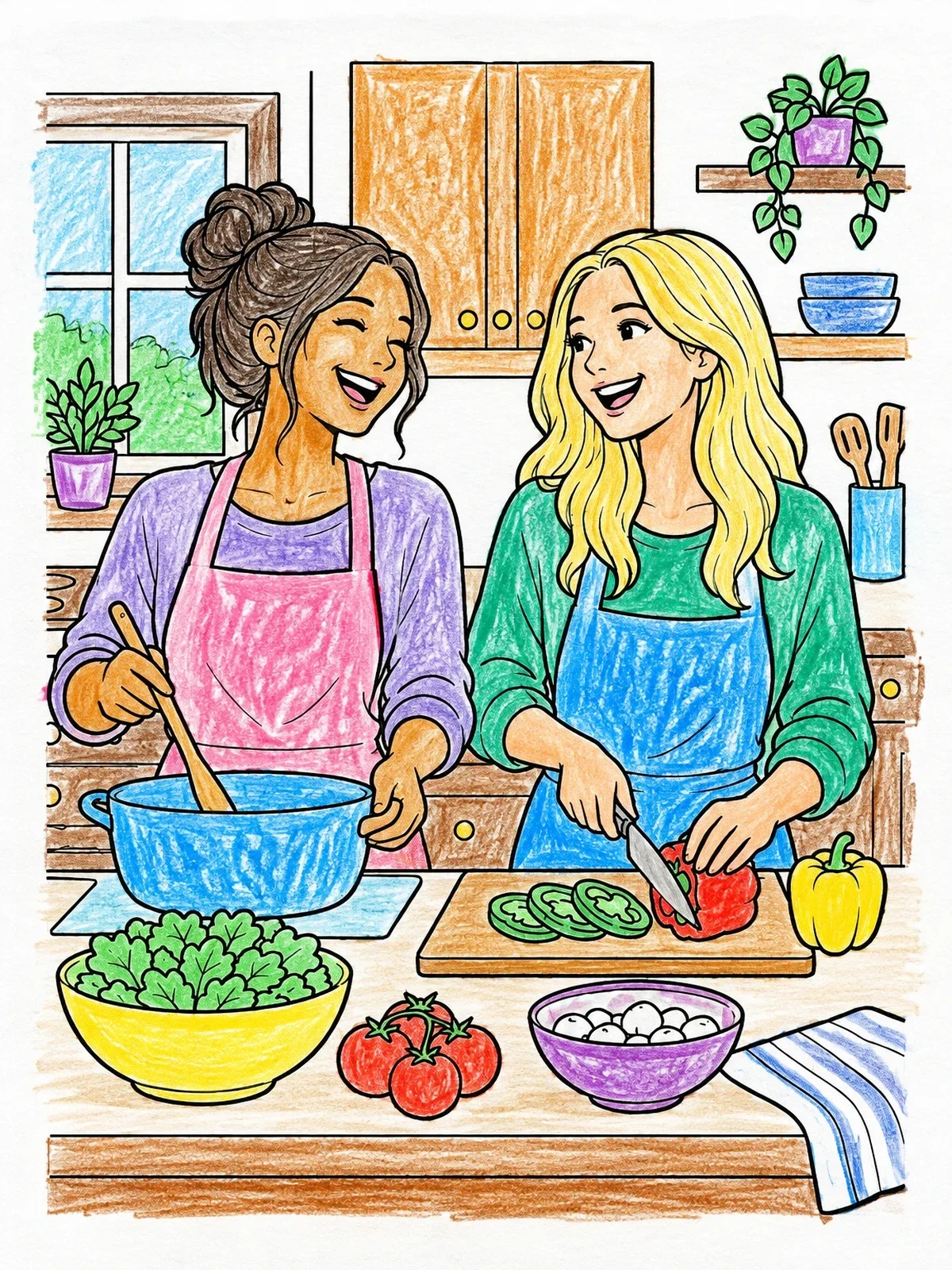 Colored example of the Friends Cooking Together In The Kitchen coloring page