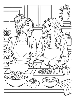 A cheerful girlfriend coloring page featuring two best friends happily cooking fresh vegetables in the kitchen.