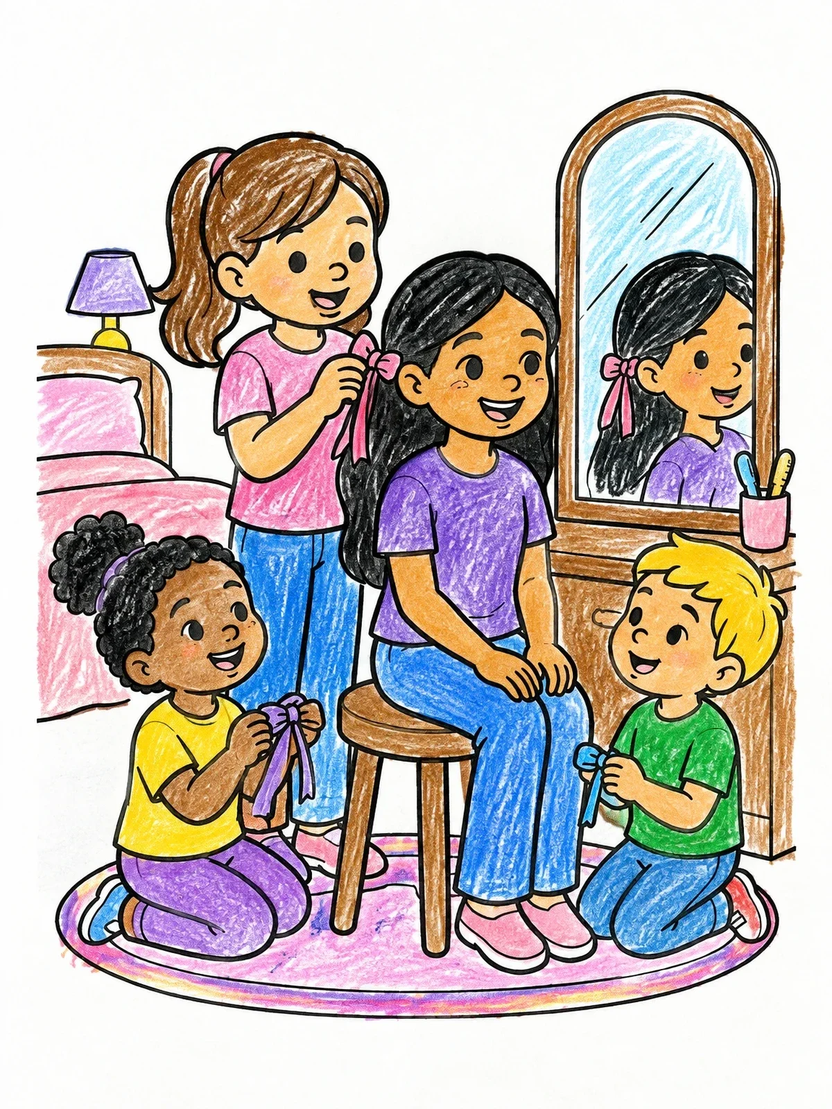 Colored example of the Friends Styling Hair With Ribbons coloring page
