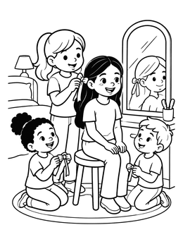 Free printable Friends Styling Hair With Ribbons coloring page