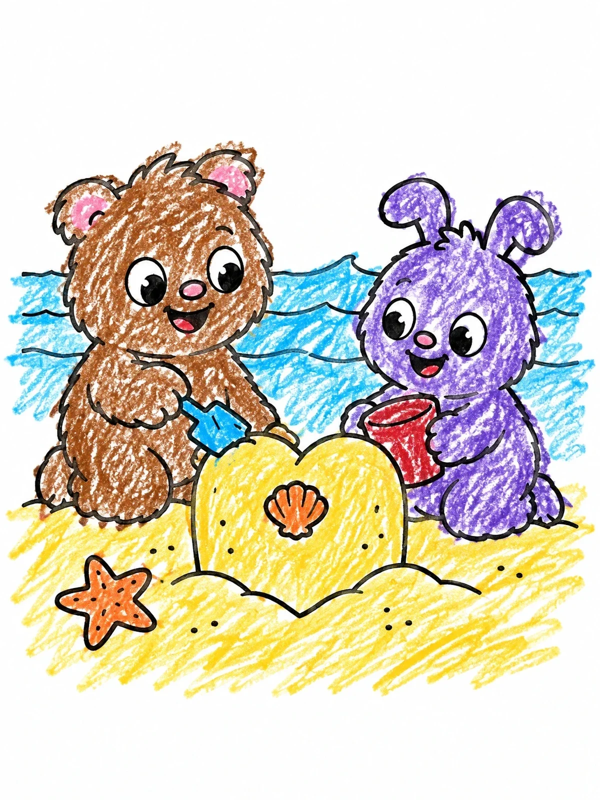 Colored example of the Cute Beach Friends Building Heart Sandcastle coloring page