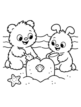 Free printable Cute Beach Friends Building Heart Sandcastle coloring page