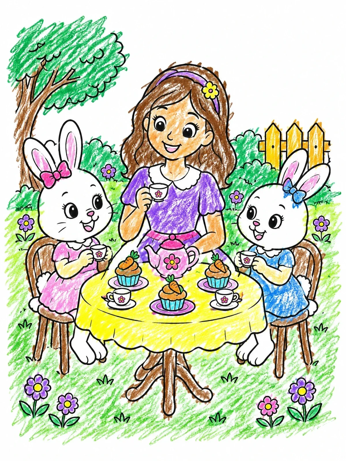 Colored example of the Garden Tea Party With Bunny Friends coloring page