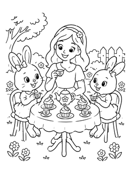 Free printable Garden Tea Party With Bunny Friends coloring page