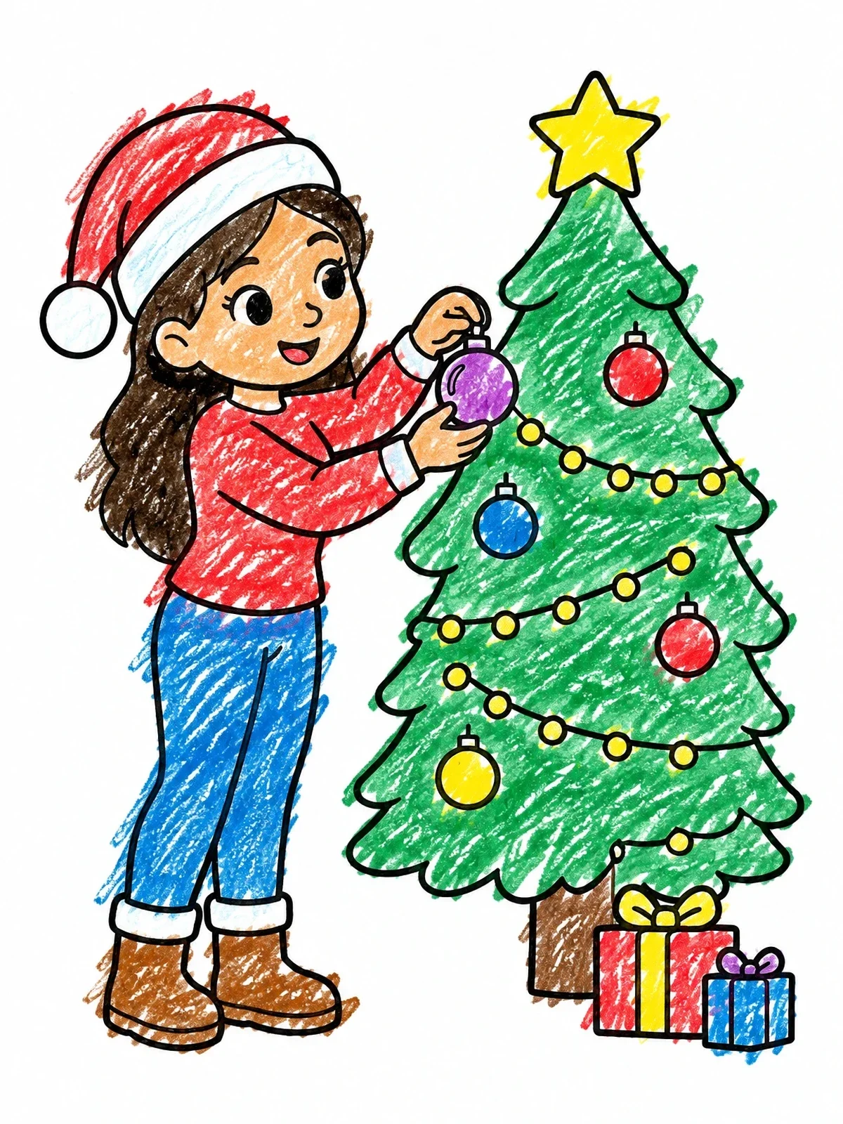 Colored example of the Girl Decorating Christmas Tree coloring page
