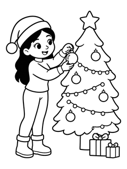 Free printable Girl Decorating Christmas Tree coloring page