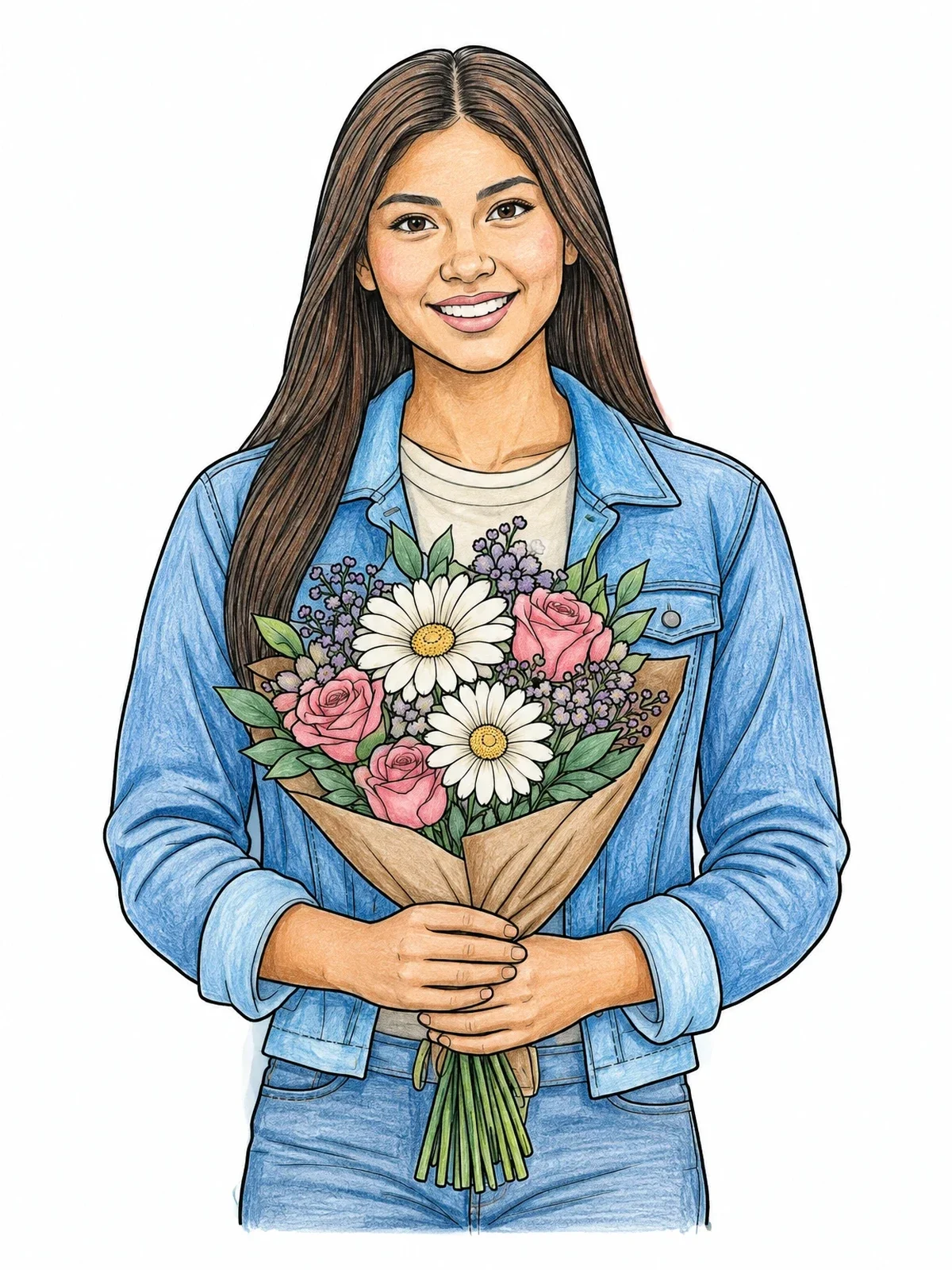 Colored example of the Smiling Woman With Flower Bouquet coloring page