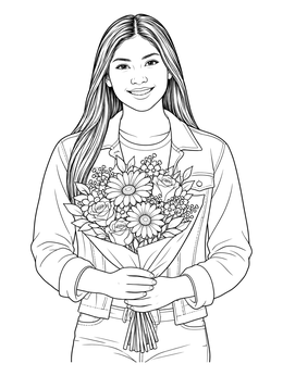 A smiling girlfriend coloring page showing a young woman holding a bouquet of flowers.