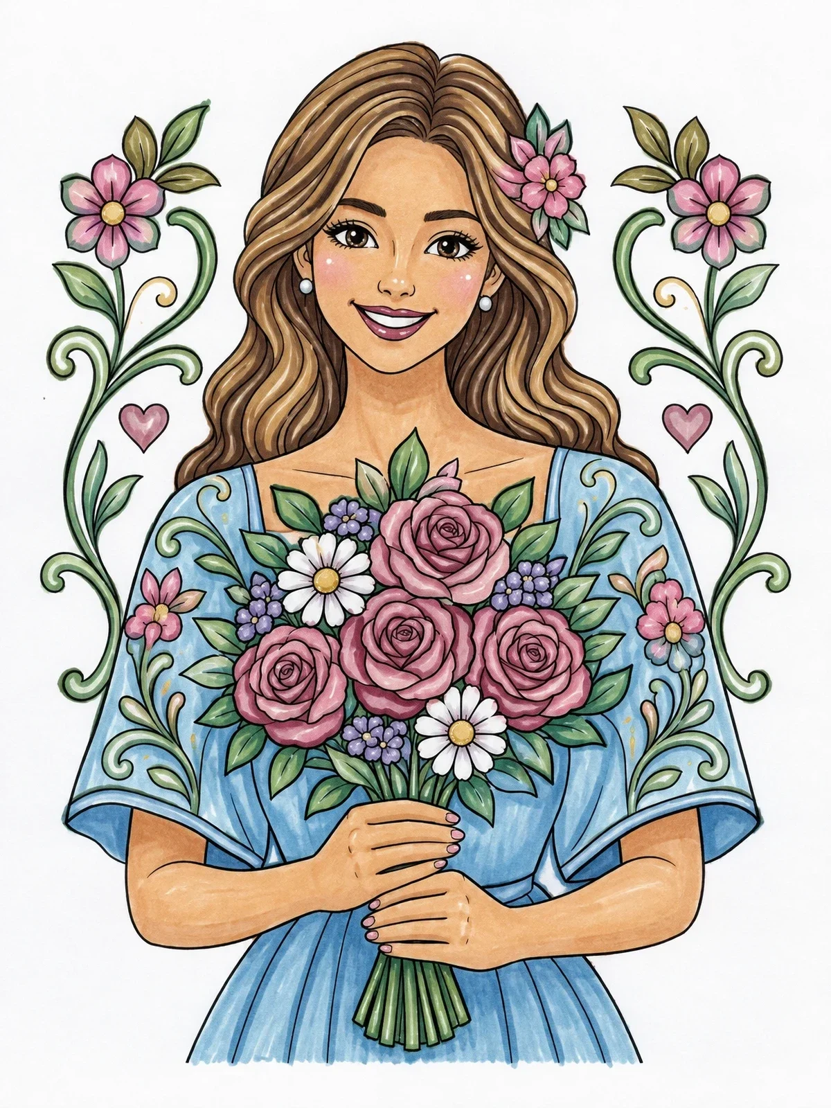 Colored example of the Smiling Woman Holding Rose Bouquet coloring page