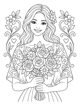 A smiling woman holding a bouquet of roses in this girlfriend coloring page.