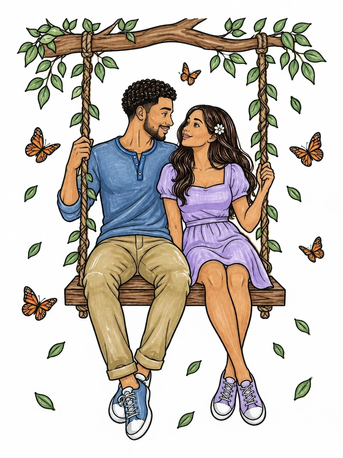 Colored example of the Sweethearts On A Tree Swing coloring page