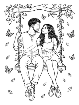A happy couple together on a tree swing in this girlfriend coloring page.