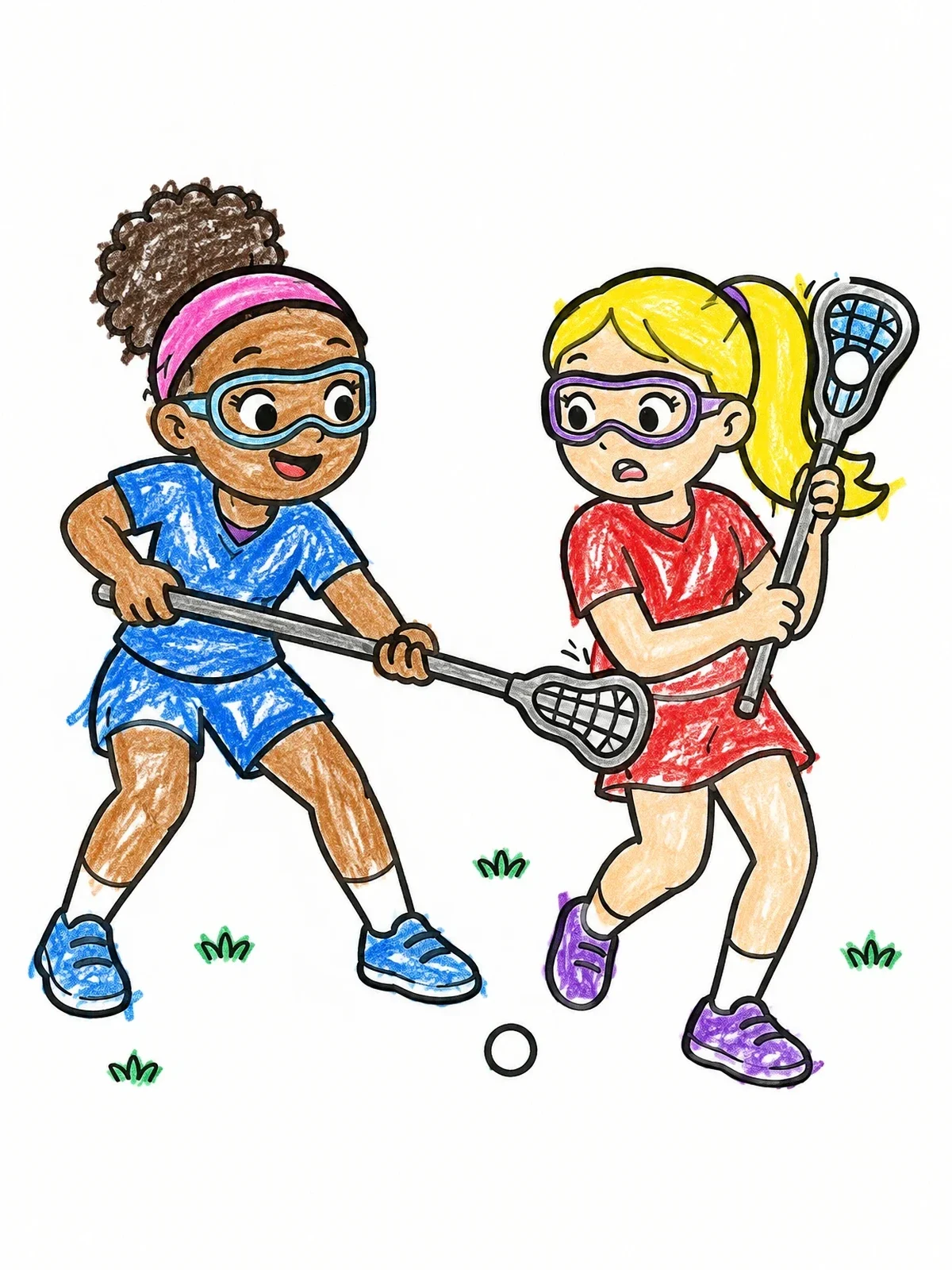 Colored example of the Girls Playing Lacrosse Defense coloring page