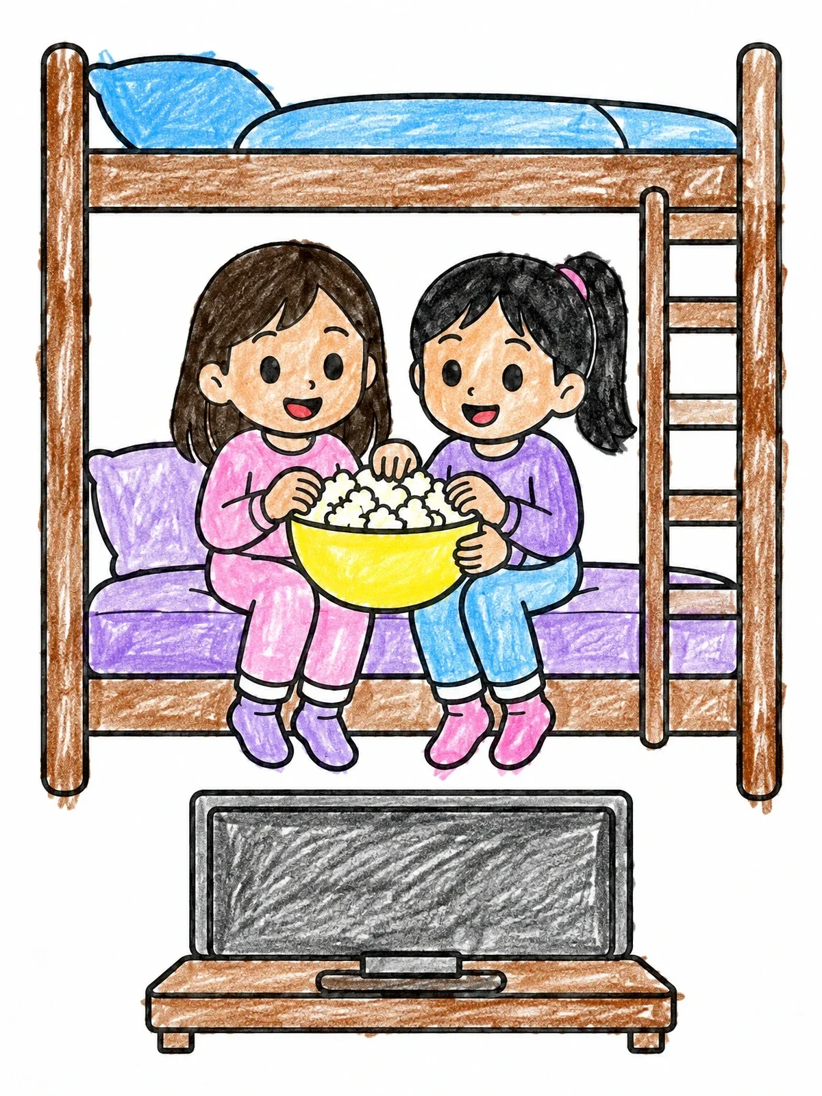 Colored example of the Friends Watching Movie On Bunk Bed coloring page