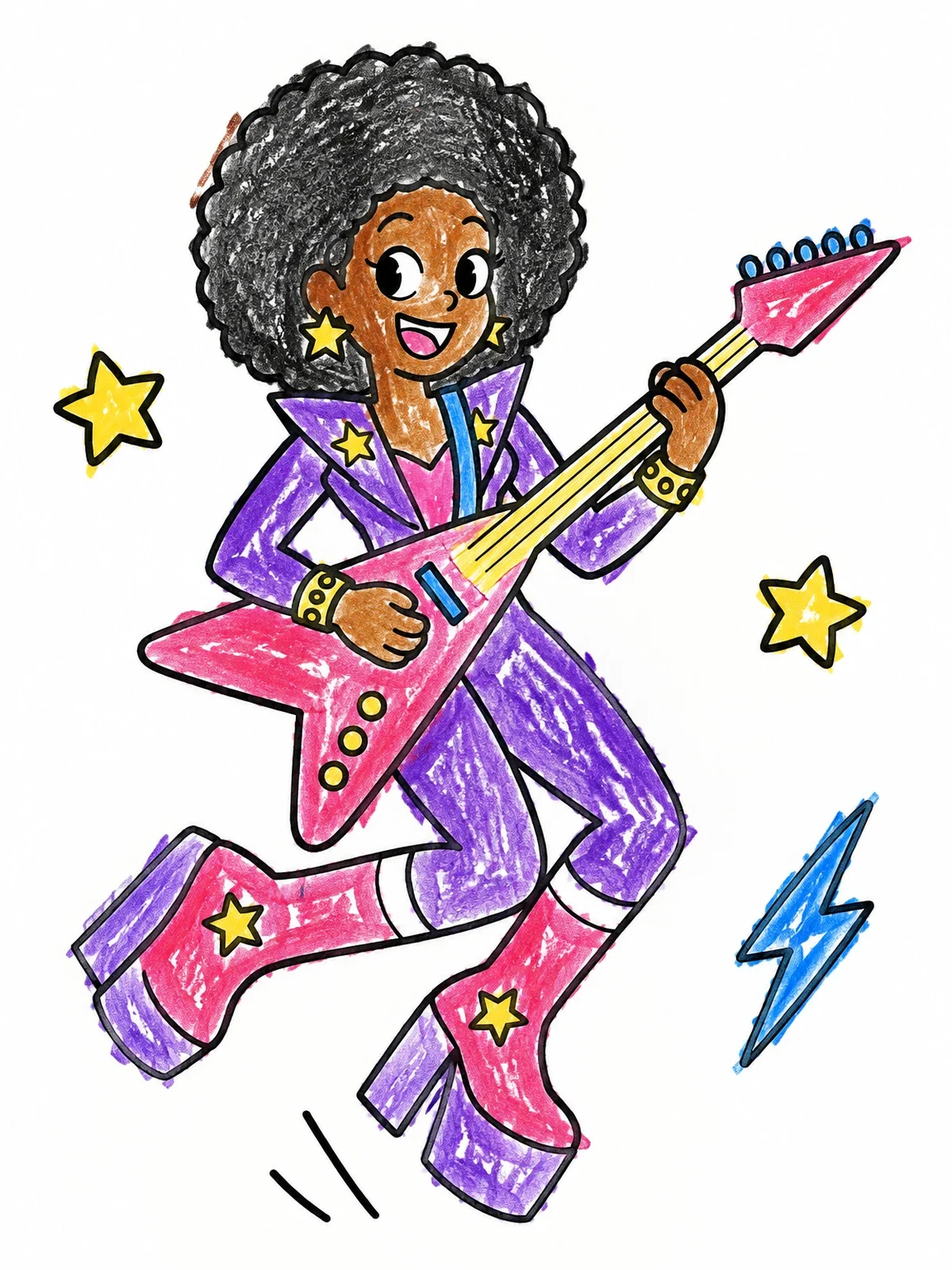 Colored example of the Glam Rock Guitarist Jumping In The Air coloring page