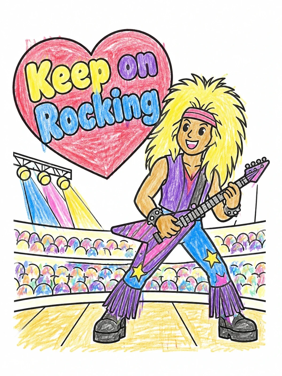 Colored example of the Glam Rocker With Electric Guitar coloring page