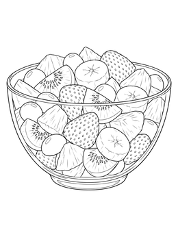 A glass bowl filled with strawberries, kiwi, and bananas in this fruit salad coloring page.
