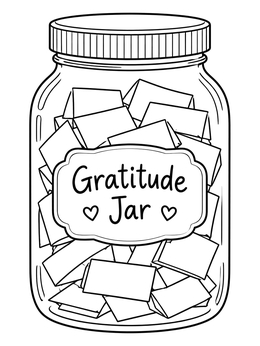 A gratitude coloring page of a glass jar packed with folded notes.