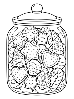 A glass jar packed with decorated biscuits on this cookie coloring page.