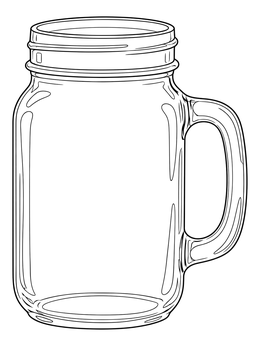 A clear mason jar coloring page featuring a classic drinking jar with a sturdy handle.
