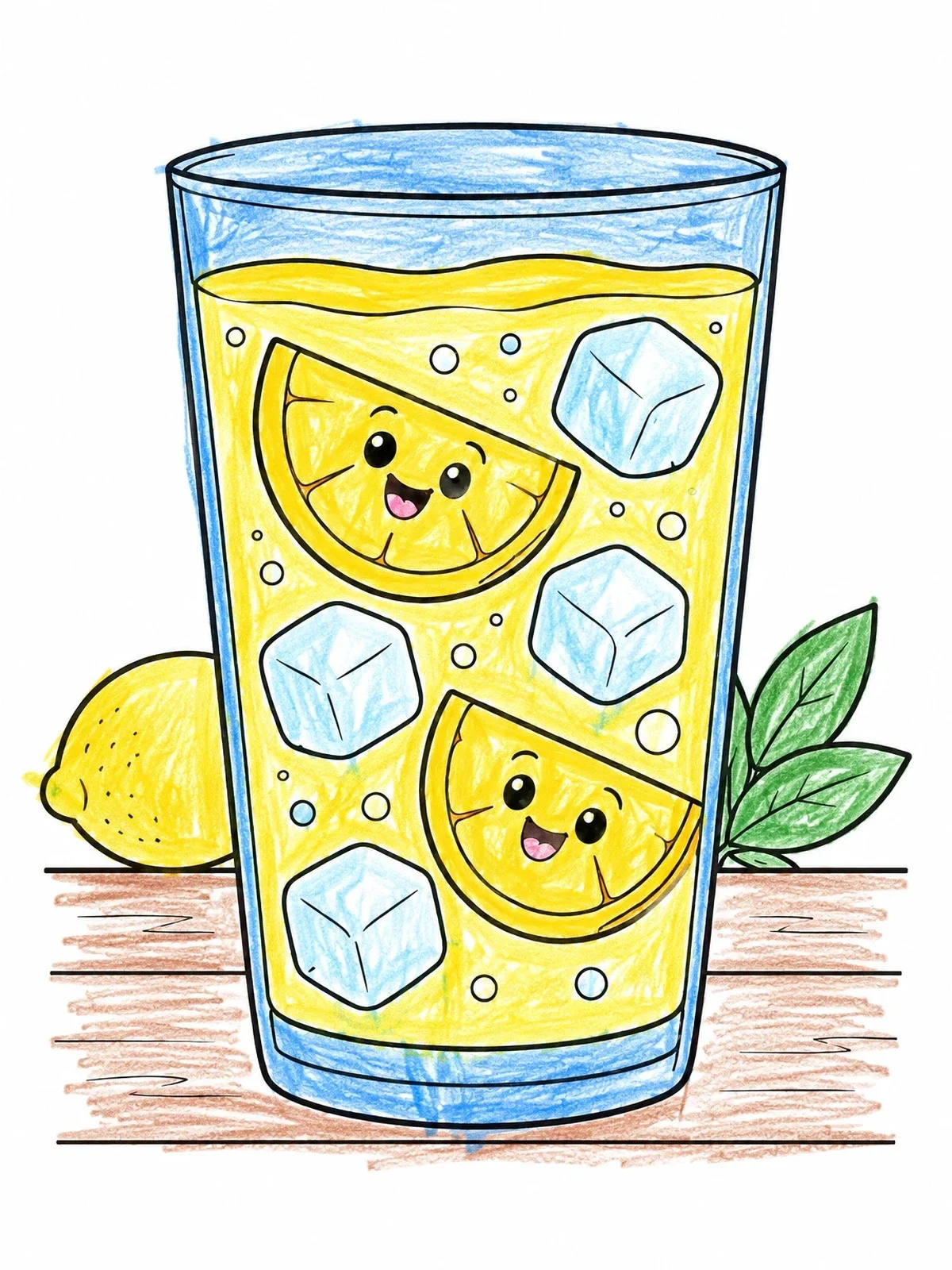 Colored example of the Glass Of Lemonade With Cheerful Lemon Slices coloring page