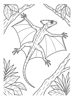 A gliding flying dragon reptile in a detailed draco coloring page amidst tropical leaves.