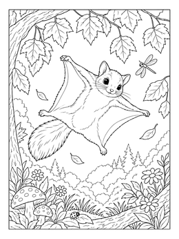 A cute flying squirrel coloring page soaring through a forest canopy near autumn leaves.