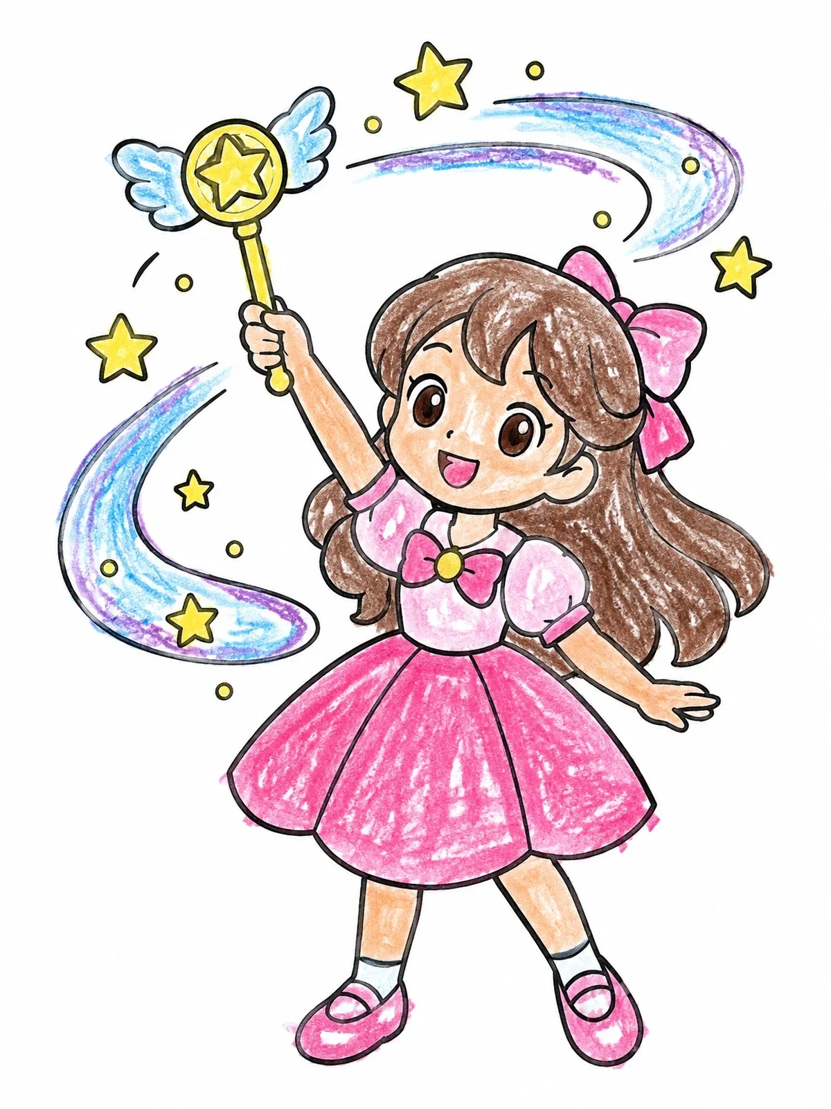 Colored example of the Anime Heroine With Winged Magic Wand coloring page