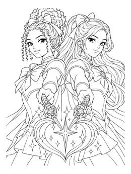 Magical anime girls stand back to back on this glitter coloring page.