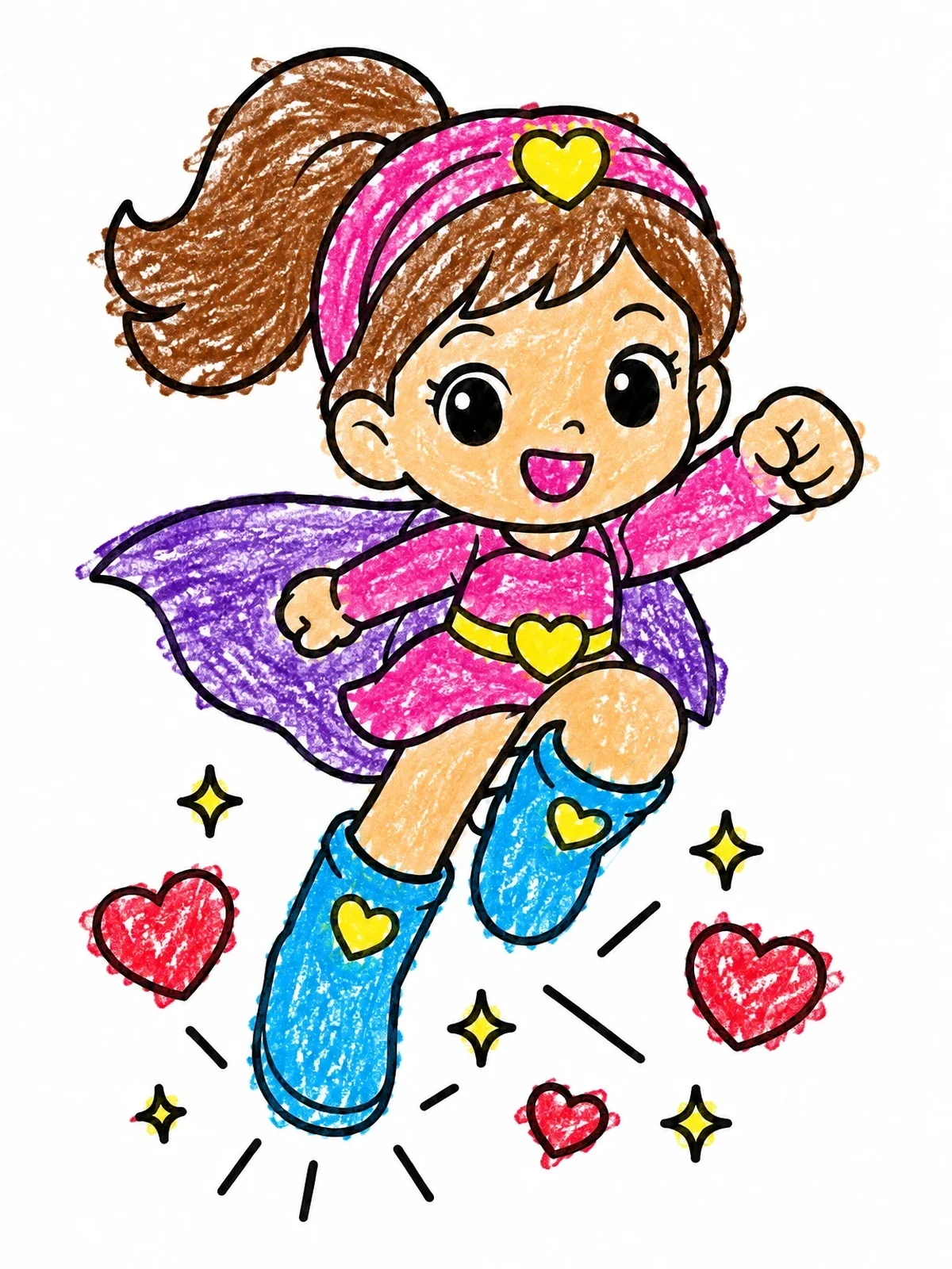 Colored example of the Cute Anime Superhero Leaping With Sparkles coloring page