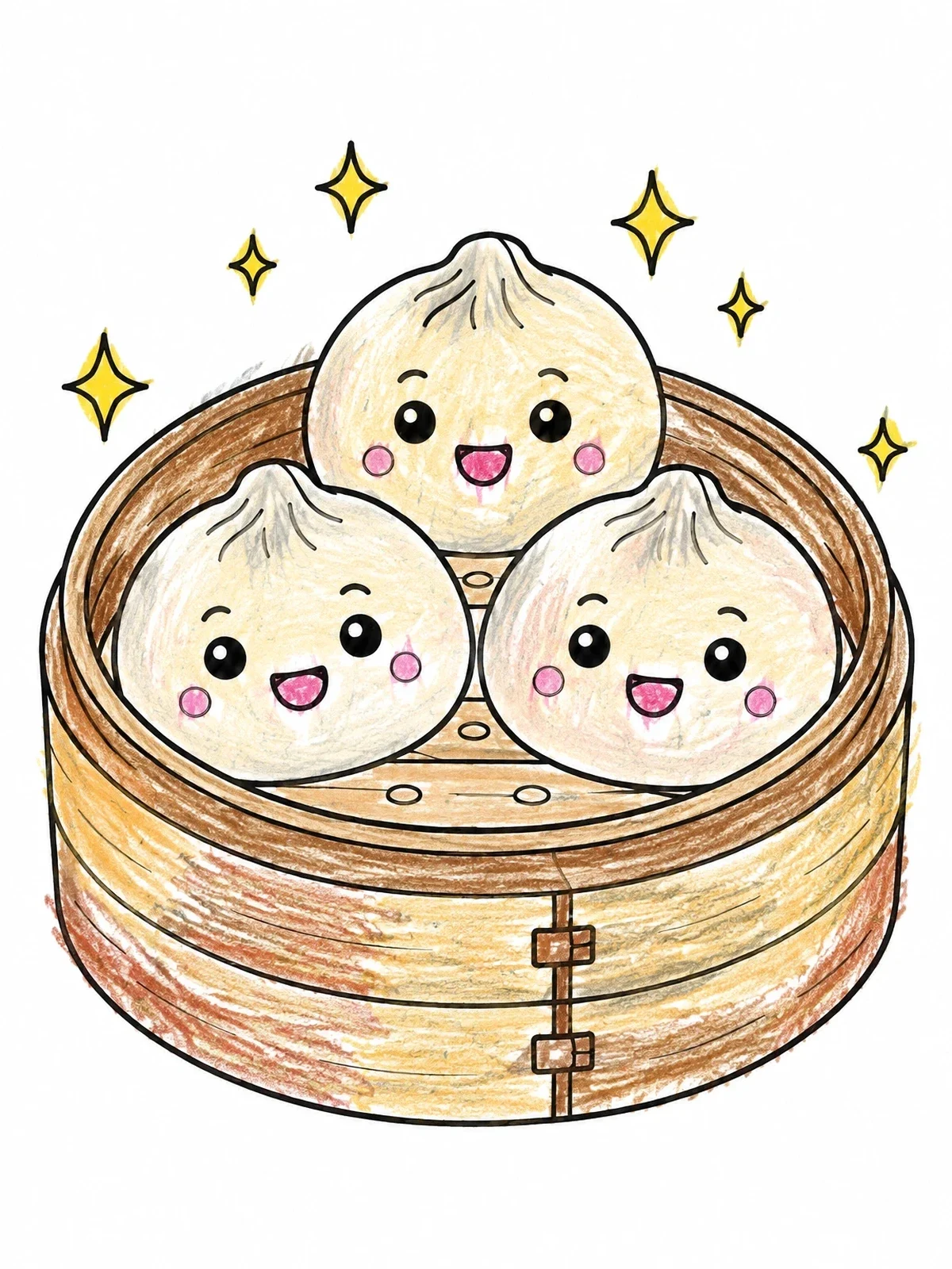 Colored example of the Cute Dumplings In Steamer With Sparkles coloring page