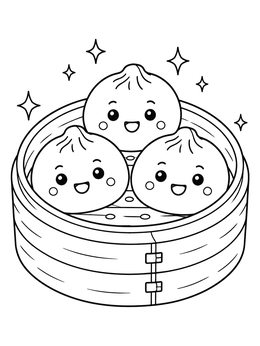 Free printable Cute Dumplings In Steamer With Sparkles coloring page