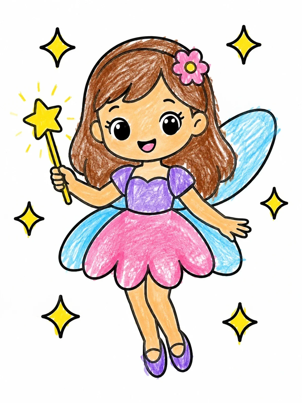 Colored example of the Cute Fairy With Magic Wand coloring page