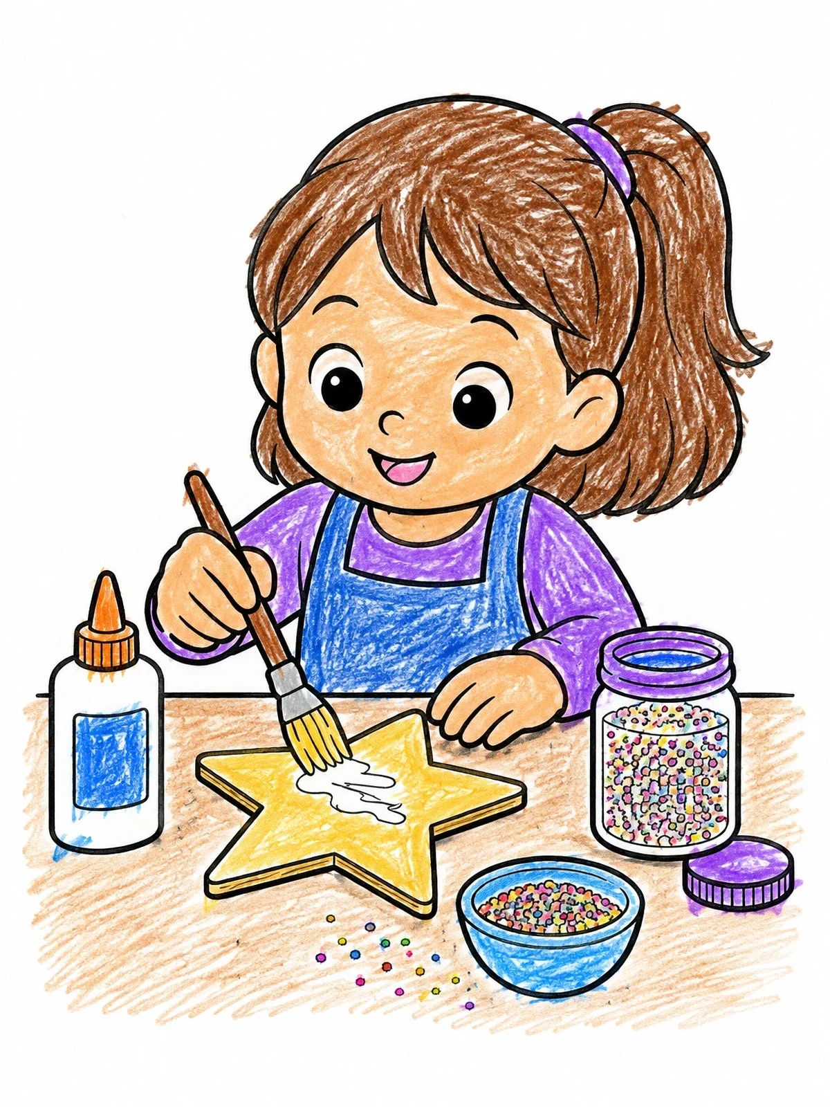 Colored example of the Girl Brushing Glue On Star coloring page